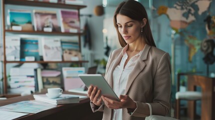 Female Travel Agent Assisting Client with Vacation Plans in Modern Office Setting