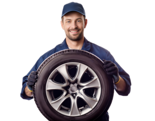 Smiling mechanic holding car tire on transparent background