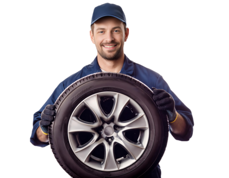 Smiling mechanic holding car tire on transparent background