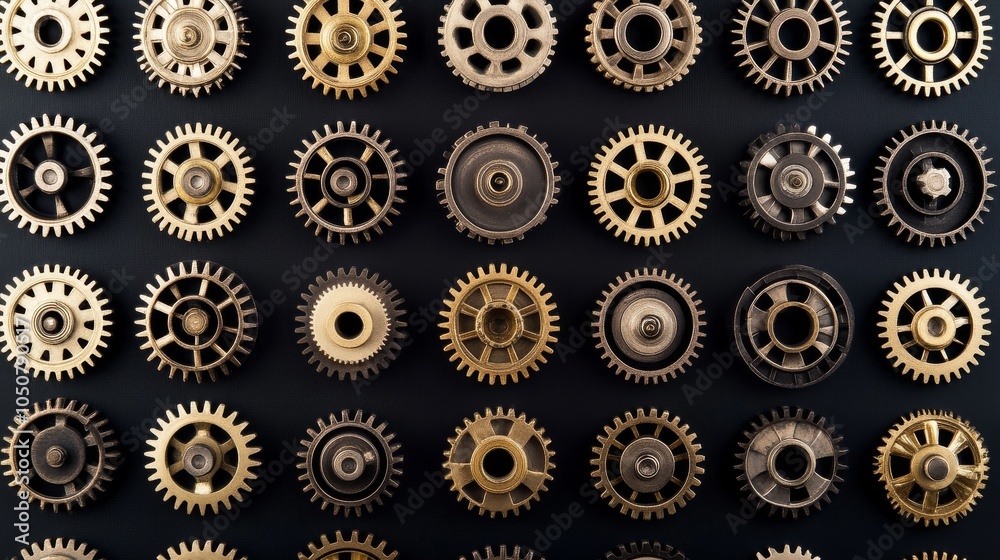 Aufkleber A grid of differently sized gears turning in unison, Depicting the synchronized effort of diverse talents in achieving common goals, photography style