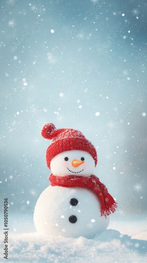 Poster cheerful snowman in a snowy setting with a forest backdrop, glowing with morning light.
