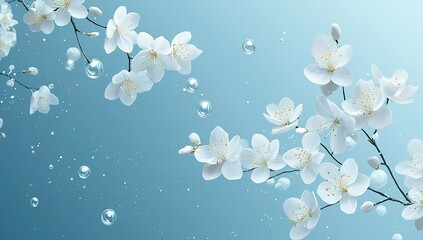 A blue background with white flowers and small bubbles, creating an elegant...