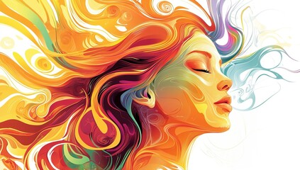 A colorful digital illustration of an abstract woman with flowing hair in the...