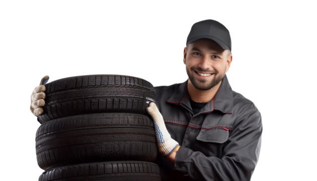 Smiling mechanic holding tires on transparent background