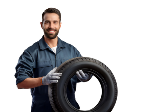 Smiling mechanic holding a tire on transparent background