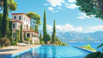Obraz premium A digital painting of an idyllic Mediterranean villa with blue pool, set...