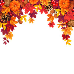 Background frame with colorful autumn leaves and pumpkins. Vector decorative border