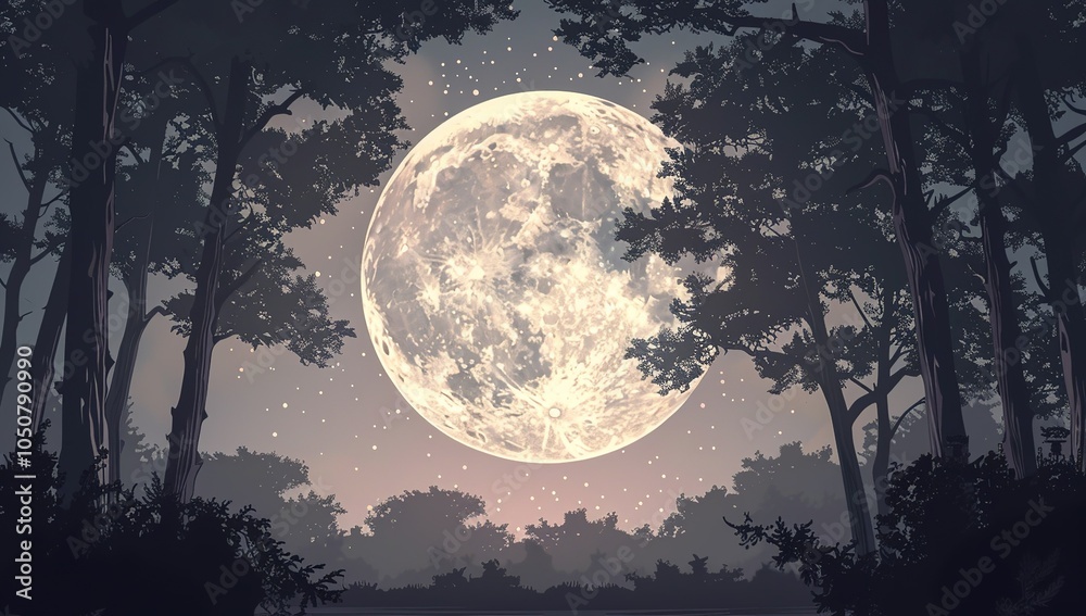 Wall mural a large full moon with silhouettes of trees in the foreground, vector...