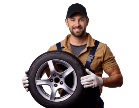Smiling mechanic holding car tire on transparent background