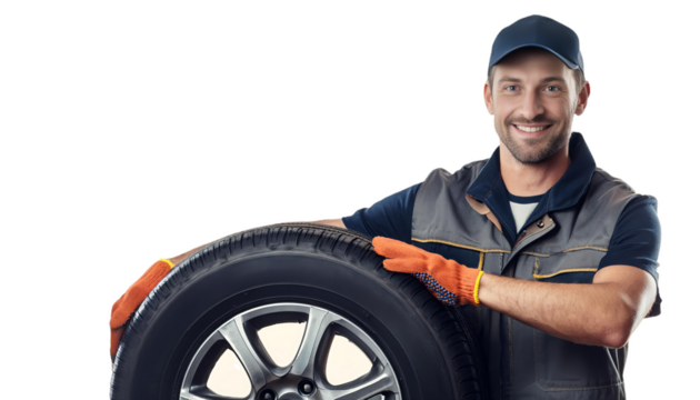 Smiling mechanic holding a car tire on transparent background