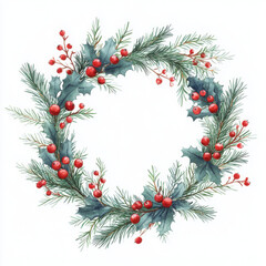 Watercolor round christmas frame with fir branches berry leaves plant herb winter flora isolated on white background. Botanical greenery holiday illustration for wedding invitation card design