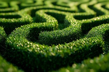 A photo of an intricate green maze made from grass, symbolizing the...