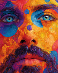 Fototapeta premium vividly colorful portrait of a man with a psychedelic beard and mesmerizing eyes, in warm tones