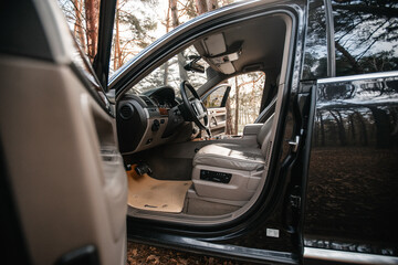 The open driver's door of the car and the view of the car from the inside
