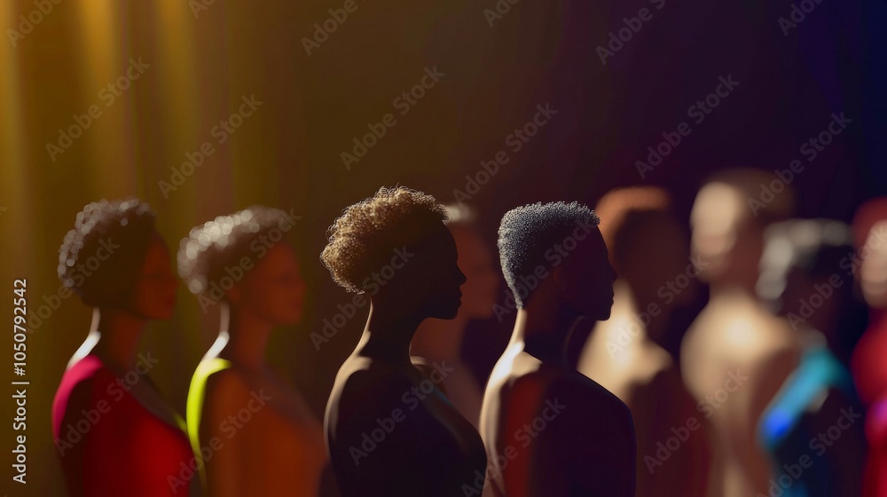 Poster a group of 3d models representing diverse gender identities against a softly blurred theater stage, 