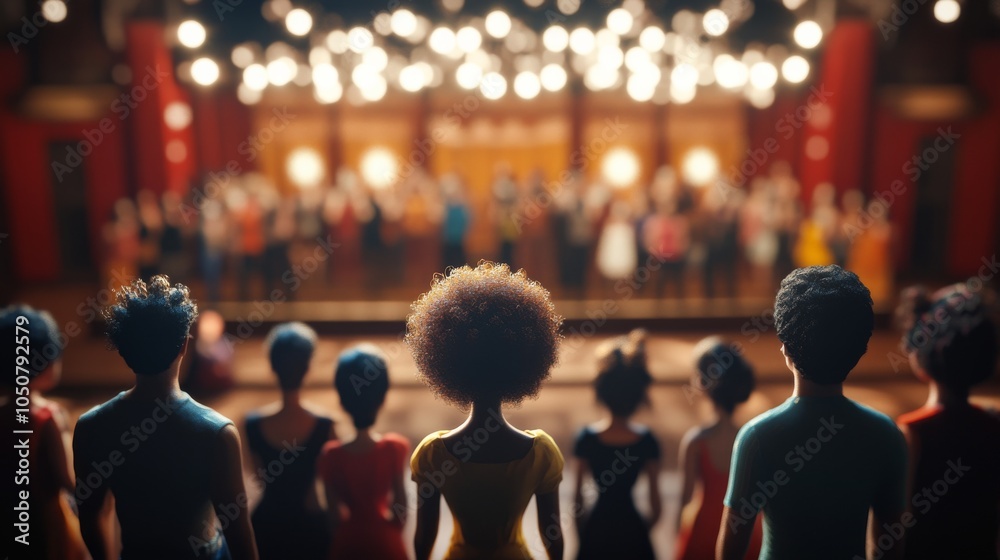 Poster a group of 3d models representing diverse gender identities against a softly blurred theater stage, 