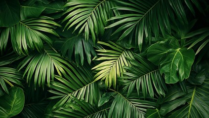 Fototapeta premium Dark green palm leaves in the jungle, tropical background, exotic vegetation...