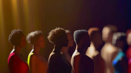 A group of 3D models representing diverse gender identities against a softly blurred theater stage, Signifying inclusivity in performing arts, photography style
