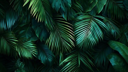 Dark green palm leaves in the jungle, tropical background, exotic vegetation...