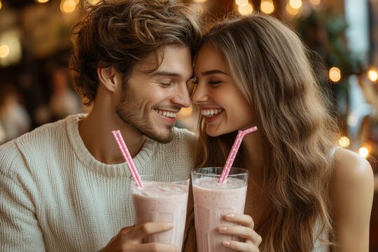 Romantic couple sharing milk shake using straws from the same gl, Generative AI