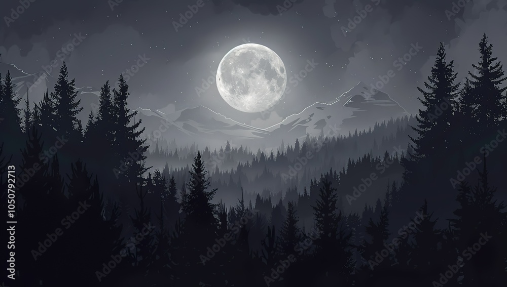 Wall mural full moon over the forest, simple vector illustration with a simple...