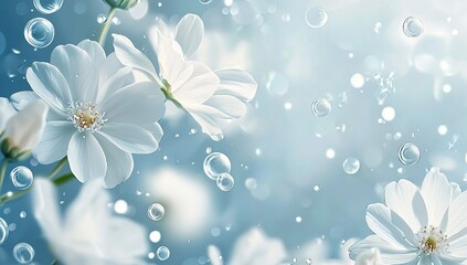 Light blue background with white flowers and bubbles. A light background with...