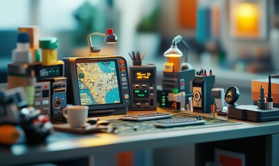 Computer desk with map, keyboard, and gadgets.