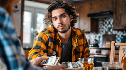 Obraz premium Young Caucasian man receiving money at home in a casual kitchen environment, wearing a plaid shirt.