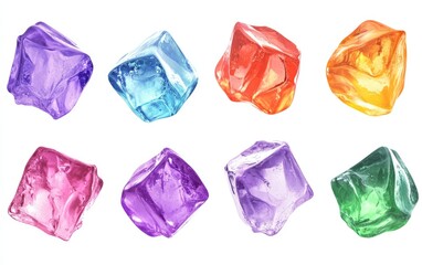 Obraz premium Collection of Vibrant Colorful Ice Cubes in Purple, Blue, Orange, Red, Green, and Yellow Isolated for Creative Design, Drinks, or Food Decoration on a clean white background 