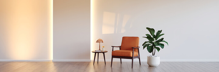 Fototapeta premium Minimalist living room interior design with orange chair and green plant Modern home decor and interior design inspiration 