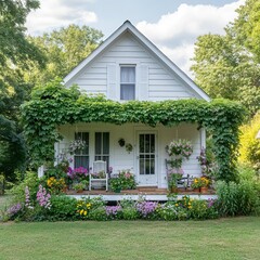 Fototapeta premium Charming cottage with dense climbing plants, rustic porch, vibrant spring colors