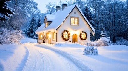 Cozy cottage adorned with wreaths, nestled in a serene, snow-covered winter landscape, AI