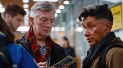 Obraz premium Caucasian and Asian elderly men examining a passport in a travel setting, indoors.