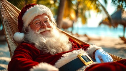 Santa Claus resting after Christmas work — funny holiday concept.