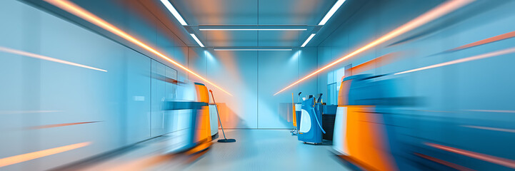 Orange and blue cleaning machines in a futuristic hallway create a sense of speed and efficiency for commercial cleaning   