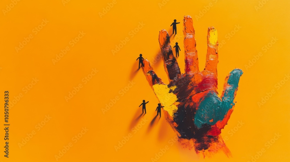 Aufkleber A group of tiny silhouettes standing on a large colorful handprint on a solid orange background representing the mark of diversity, Highlighting the impact and legacy of inclusive practices