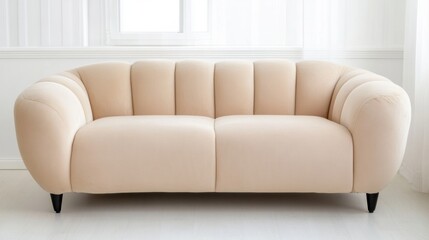 Fototapeta premium Elegant beige sofa with a modern, curved design in a bright, minimalist room, AI