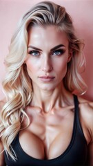 Naklejka premium This captivating individual exudes confidence, highlighting her toned physique and long blonde hair, perfectly complemented by a soft pink background. Generative AI