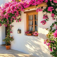 Fototapeta premium Cozy cottage with bright flowers climbing up the walls, sunlight streaming, fairytale setting