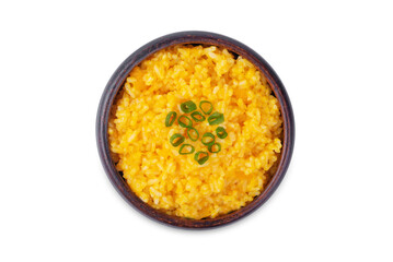 Pumpkin rice in a bowl on a white isolated background