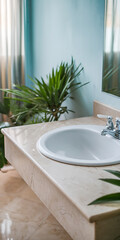 Fototapeta premium Clean white sink green plant beige countertop modern bathroom minimalist design spa relaxation bathroom interior 