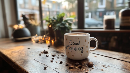 Welcome the day with a cozy cup of coffee featuring a hand-drawn Good Morning slogan amidst a warm café setting