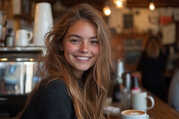 Smiling young female having coffee in a restaurant, Generative AI