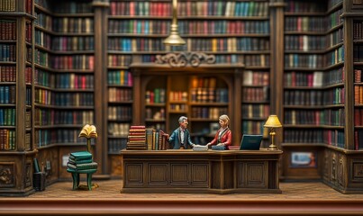 Miniature library with figures and desk.