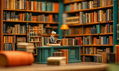 A miniature man reads in a library.