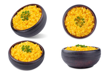 Pumpkin rice in a bowl on a white isolated background