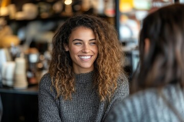 Happy female colleagues having a friendly conversation during a coffee break in a cafe, Generative AI