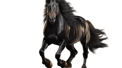 Majestic black horse rearing up, symbolizing power and independence on a clean white backdrop.