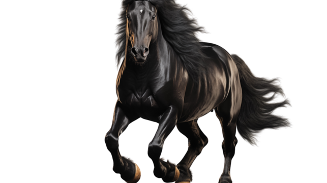 Majestic black horse rearing up, symbolizing power and independence on a clean white backdrop.