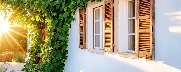 Ivy creeping over a white-walled house, soft sunlight, rustic wooden shutters